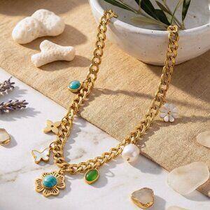 Chunky 18K Gold Plated TrendybNecklace Colorful Charms Pearl Accents Y2K Style